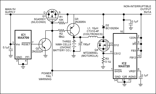 Figure 1. Despite brownouts or loss of the main 5V supply, this non-interruptible power supply maintains the 5V output within ±5%.
It supplies 1A at 5V for 80 minutes with the battery shown.