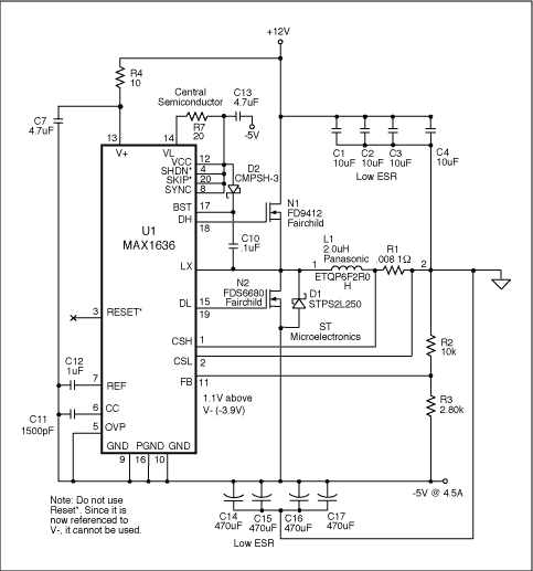 Figure 1. Configuring this high-power dc-dc stepdown converter as an inverter generates 4.5A at -5V from a 12V input, or 3.2A at -5V from a 5V input.