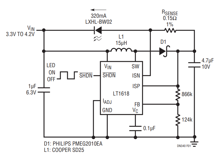 Figure 1. The LT1618 Powers the LXHL-BW02 White LED from a Single Lithium-Ion Battery with 70% Efficiency.