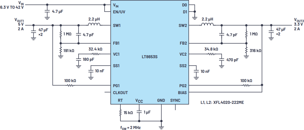 図3 高速負荷過渡応答の5V/2A出力と3.3V/2A出力