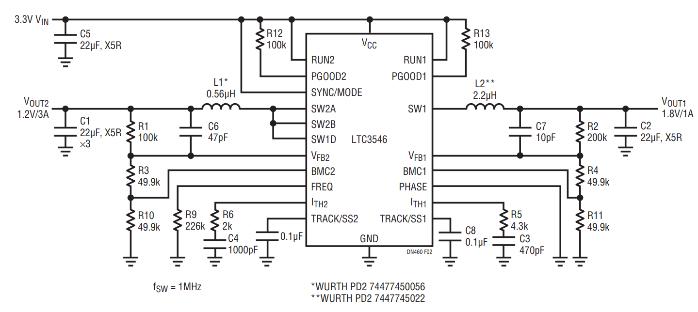 Figure 2. A Dual Output Converter with High Efficiency Over the Entire Output Range—1.8V/1A and 1.2V/3A Outputs.