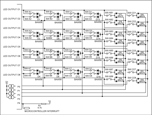 図2. MAX6954/MAX6955への拡張48キーの接続
