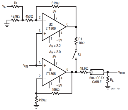 Figure 1. Parallel Composite Amplifi er: U2 Provides the Current, Easing the Load on U1. U1 Provides Only a Correction Current