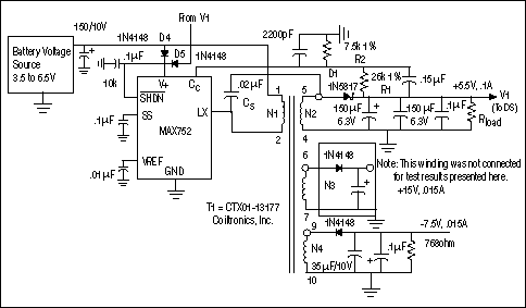 Figure 3. Final design of the flyback power supply for battery-powered CCD applications.