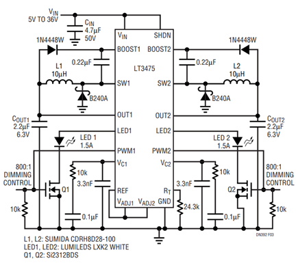 Figure 3. LT3475 Dual High Voltage Buck LED Driver Regulates 1.5A.