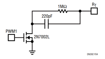 Figure 4. LT3475 Extended Dimming Range Circuit Provides 1200:1 PWM Dimming Ratio When Added to Figure 3, and Up to 3000:1 at 1.4MHz.