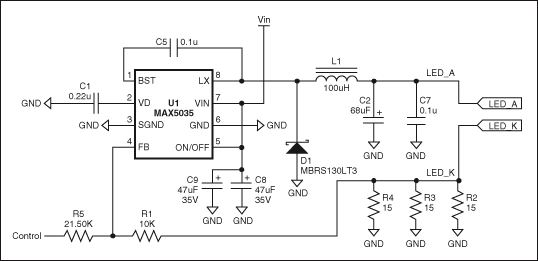 図1. 制御電圧を0V～3.9Vで変化させることによって、MAX5035 LED電流ドライバは、LED_AとLED_K端子間に350mA～0mA (概算)の出力電流を生成します。