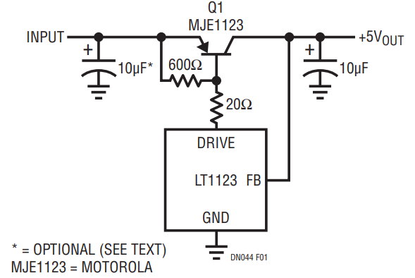 Figure 1. The Ultra-Low Dropout Regulator. LT1123 Combines with Specially Designed Transistor for Lowest Dropout and Short Circuit Protection.