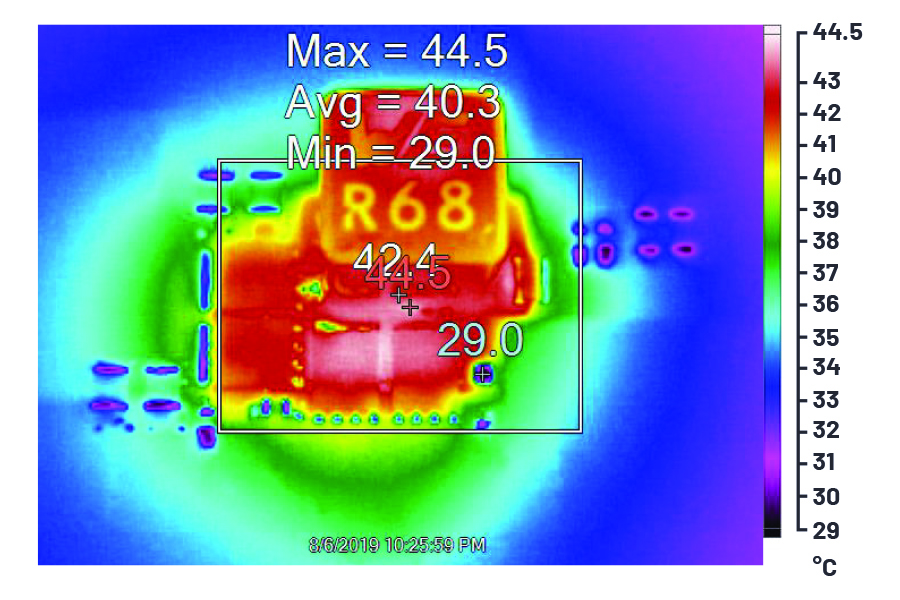 図4　コンバータの熱画像（VIN 12V、VOUT 3.3V 20A、空気流なしの自然対流冷却）
