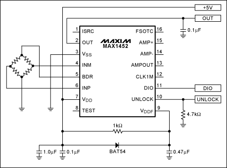 Figure 1. This typical MAX1452 application circuit also includes a Schottky diode to address VDD supply drive limitations.