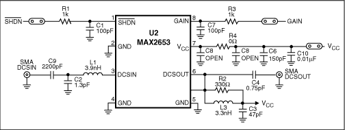 図2. 1575MHz GPSバンド用に新しいマッチング部品を搭載したMAX2653 EVキットの概要図