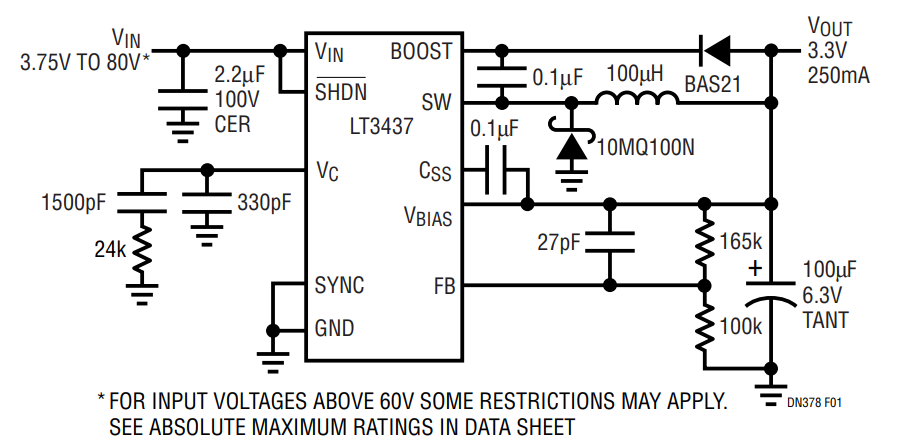 Figure 1. 14V to 3.3V Step-Down Converter with 100µA No Load Quiescent Current.