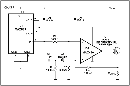 Figure 1. The regulated IC1 charge-pump generates a gate drive of VBATT + 10V for the high-side power switch Q1 (an n-channel power MOSFET) Feedback via R4 provides short-circuit protection.
