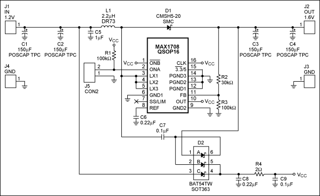 Figure 1. This circuit features the MAX1708 DC-DC converter, and boosts 1.2V to 1.6V with > 78% efficiency.