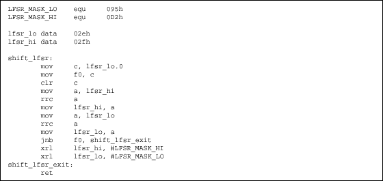 Figure 3. 8051 assembly code to implement a 16-bit LFSR with mask 0D295h