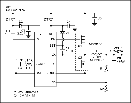 Figure 1. Synchronous buck converter with charge pump.