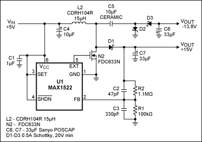 Figure 1. This single-inductor, 200mA power supply derives +15V/-14V from +5V.