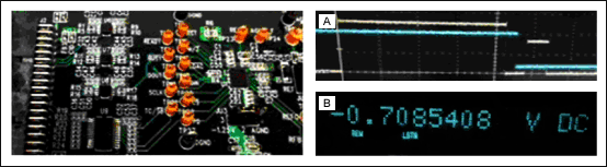 Figure 2. The board under test: (A) Looking with an oscilloscope; and (B) with a multimeter.