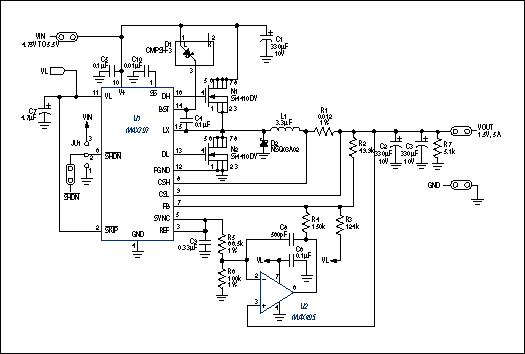 図4. 正確な1.5Vステップダウンコンバータは、GTLデータバスの終端抵抗へ電源を供給します。