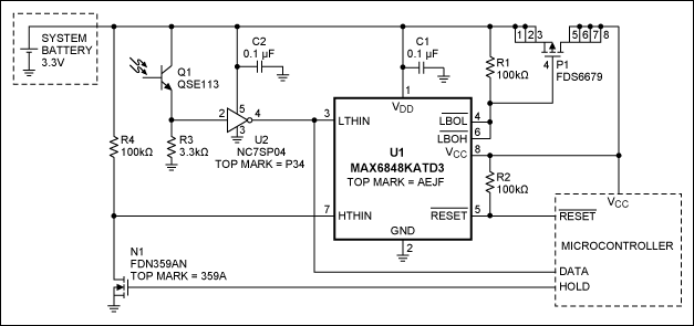 Figure 1. This circuit withholds power from the attached microcontroller until it detects an IR transmission. While in standby mode, its quiescent current is less than 2µA.