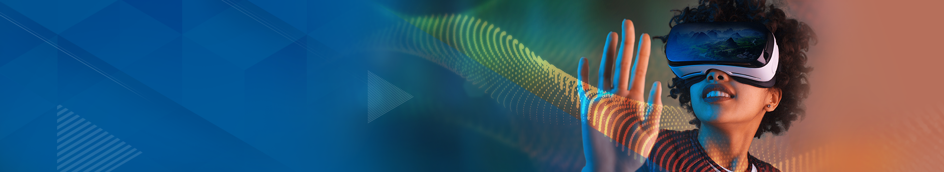 Banner graphic image shows a woman with Virtuality Reality Headset over eyes, reviewing an image of a landscape, shown on the lens.