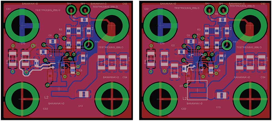 図2. 降圧レギュレータとして「LT8641A」を使用するスイッチング電源の基板のレイアウト。（左）は、ホット・ループのレイアウトが不適切な例です。強調表示したループは1GHz以下の周波数で簡単に共振を起こします。（右）の例では、ホット・ループが適切にレイアウトされています。