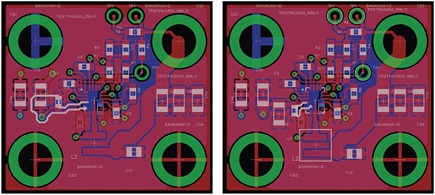 Figure 2. The left image shows an incorrect hot loop layout for an LT8641A. The highlighted loop will easily resonate under 1 GHz. The right image is an example of a good switching power supply hot loop layout.