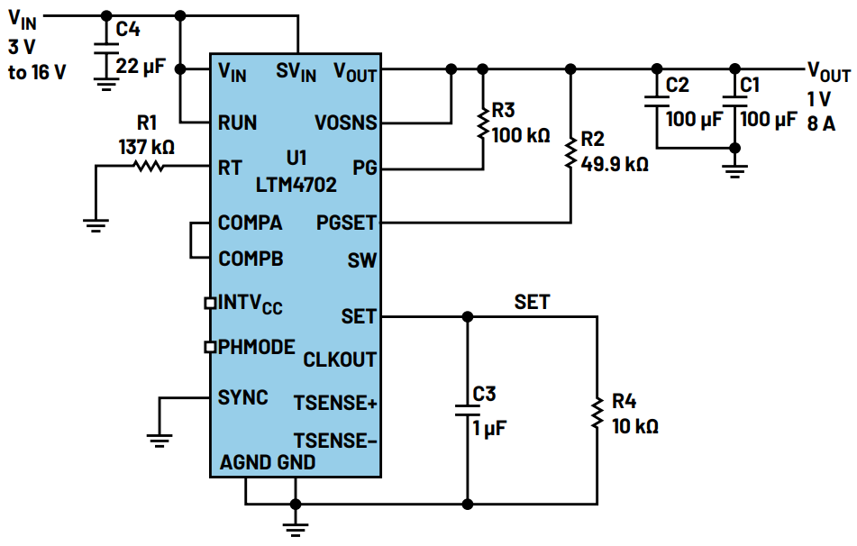 図1．LTM4702の標準的なアプリケーション回路。1Vの電圧、8Aの電流を出力します。