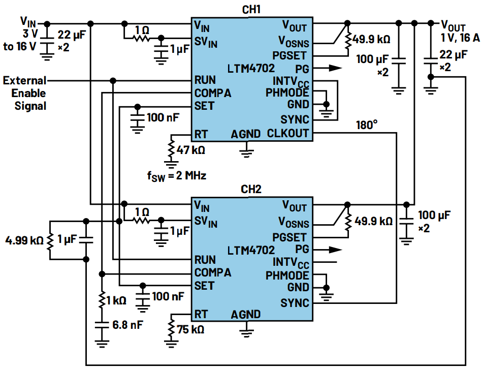 図4．2個のLTM4702を並列接続して使用する例。2相動作によって、1V、16Aの出力を生成します。