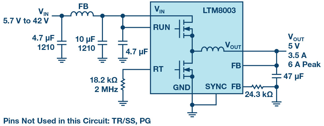 図1. LTM8003を使用したデモ用の回路。入力部にはシンプルなEMIフィルタを配置しています。この5V出力のレギュレータは、CISPR 25のクラス5で求められる性能を十分に満たします。