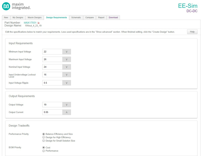 Figure 4. Input/output design requirements page in EE-Sim design and simulation tool.