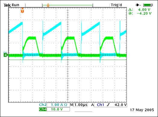 図6. 最大負荷で48VDC入力におけるQ7の電流とQ5のVGS。