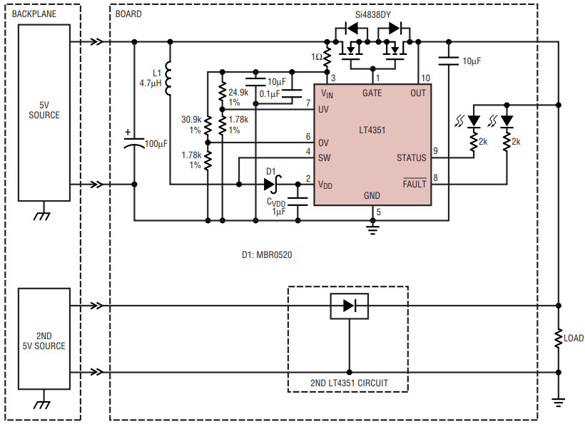 図2. 5Vのデュアル電源に対応する回路。LT4351によってORingを実現しています。