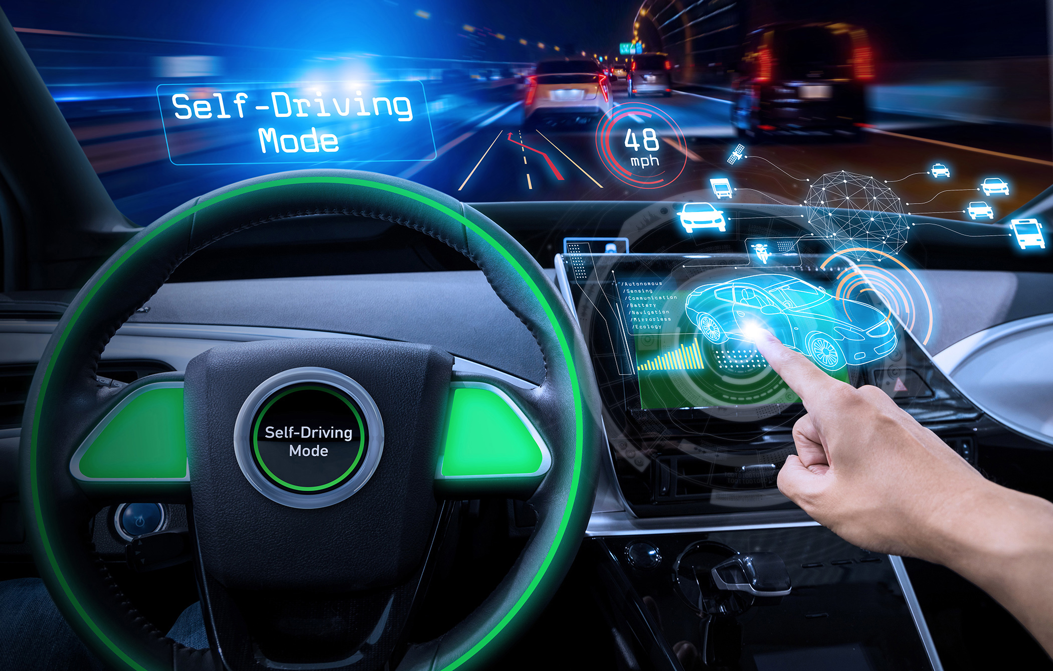 図1. 次世代の自動車。完全な自動運転車では、12Vと48Vのバッテリが使用されます。