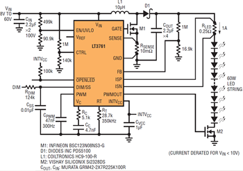図1.内部PWM調光比が25:1で効率が94%の自動車用ヘッドランプ向け昇圧型LEDドライバ