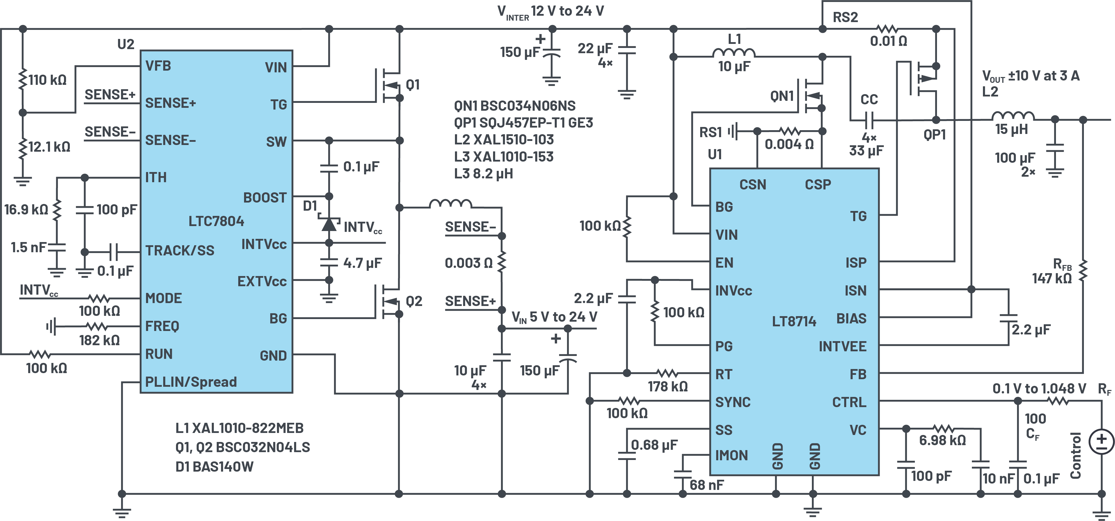図1　バイポーラ双方向2端子電源の回路図：VIN = 5V～24V、VOUT = ±10V（3A）