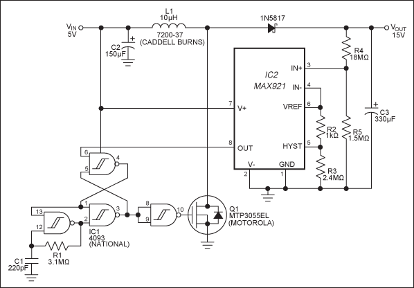 図1. 消費電力が僅か数µWのこの5Vから15Vへのブーストコンバータは、軽負荷電流を高効率で提供します。