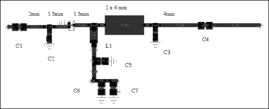 図4. 2mm × 4mmのスタブを示すレイアウト(50Ωラインは0.4mmで、個々のマイクロストリップ部分の長さは上に示すとおり)。