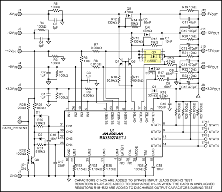 Figure 1. This five-channel hot-swap circuit controls three positive-voltage and two negative-voltage channels.