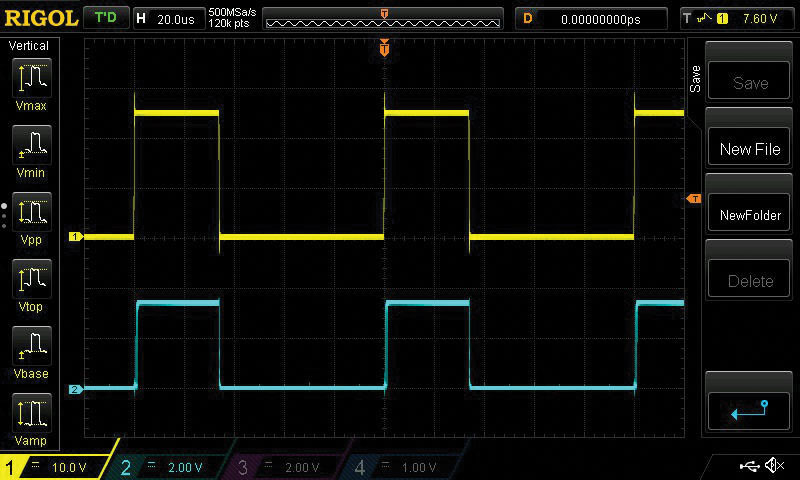 図3. LEDピンの出力の過渡応答。チャンネル1はフィールド入力、チャンネル2はLEDピンの出力です。フィールド入力が10kHzでスイッチングしている状態で取得しました。