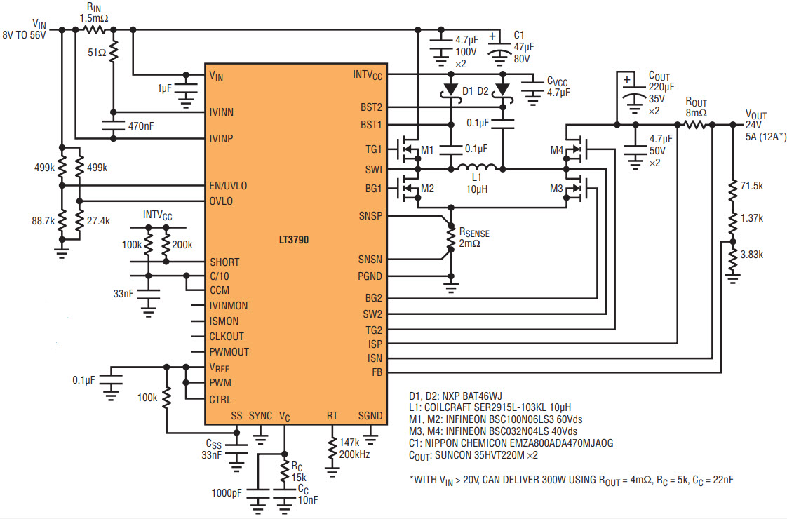 図1．入力電圧範囲が8V ～56Vで120W、24V、5A出力の昇降圧電圧レギュレータは、効率が最大で98.5%で、並列接続が簡単です。