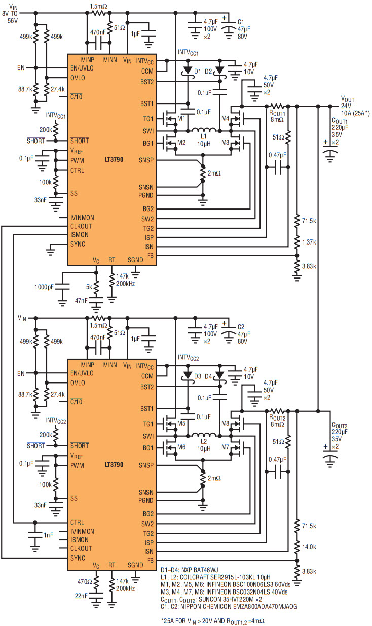 図3.2つのLT3790 24V電圧レギュレータは並列接続するのが簡単で、ディスクリート部品の温度上昇が制限されている出力の倍増に対応します。