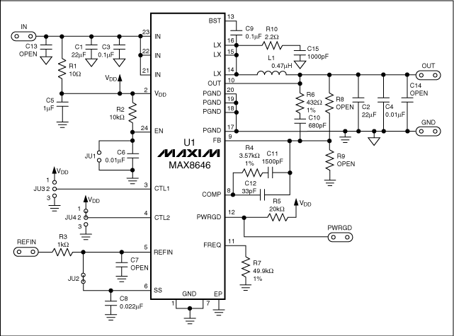 図1. この回路図はMAX8646ステップダウンスイッチングレギュレータのEVキットの回路を示しています。