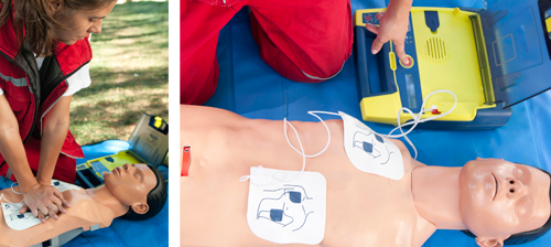 Chest compression CPR (left) circulates blood to deliver oxygen to the brain and other vital organs until the heart can be restarted by the AED (right). Chest compression CPR (left) circulates blood to deliver oxygen to the brain and other vital organs until the heart can be restarted by the AED (right).