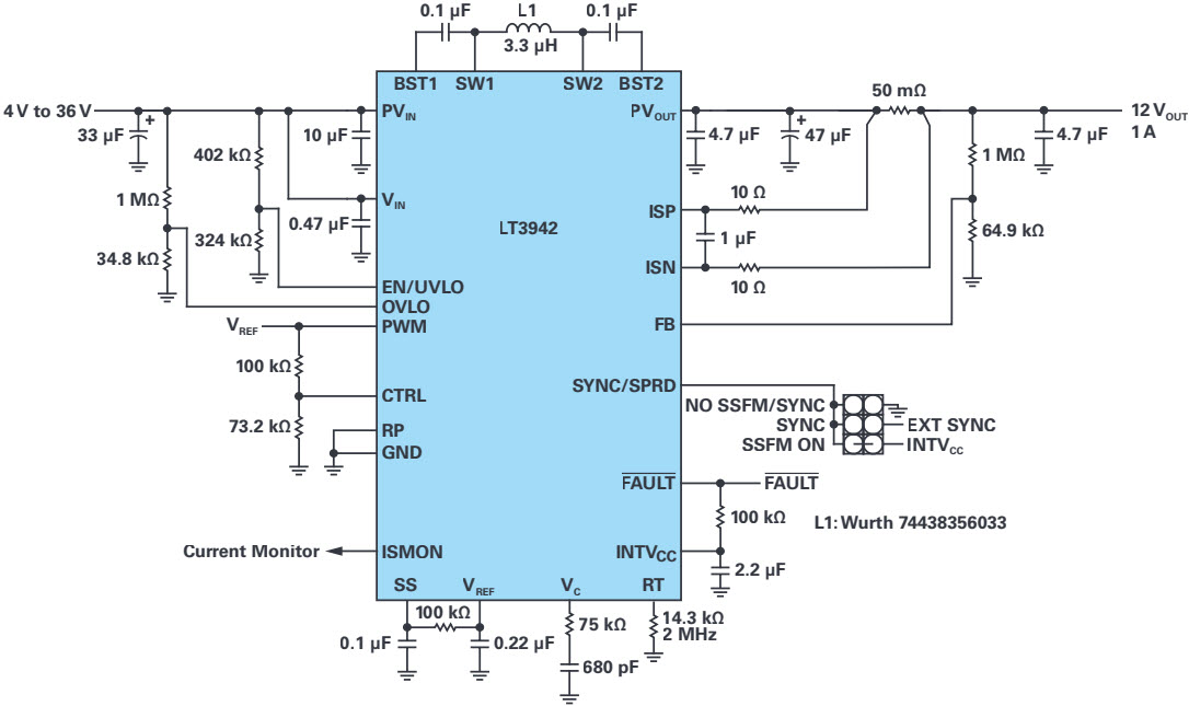 図4 12W電圧レギュレータとして構成したLT3942は、広い入力範囲にわたって優れたライン効率特性と負荷効率特性を示します。