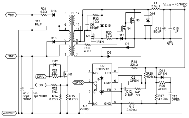 Figure 4. Schematic of the DC-DC converter stage for the 30W PoE+ PD