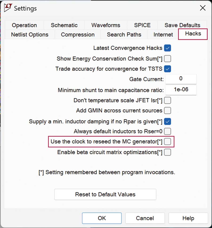 図3.「Hacks」タブの設定。実行するたびにランダムな値を得るためには「Use the clock to reseed the MC generator」を有効にします。