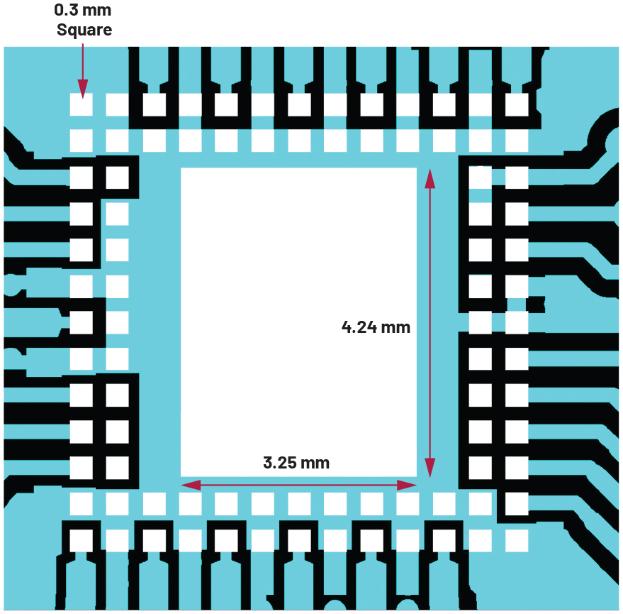 図8　ADAR1000 PCBの推奨フットプリント – 0.3mm×0.3mmパッドを白でハイライトし、レイヤ1の残りの金属部分を水色で表示。