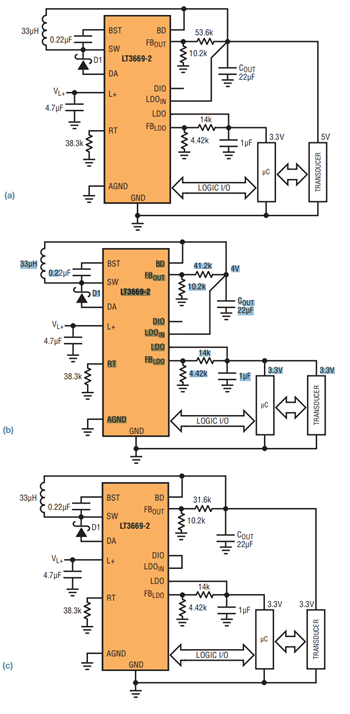 図15.LT3669-2のさまざまな電源構成。LDOINピンを(a)および(b)では降圧レギュレータ出力に接続して最高の効率を追求し、(c)ではDIOピンに接続しています。