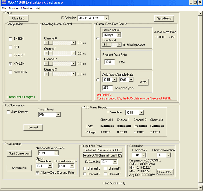 図4. MAX11040EVKITのGUIを使えば、以下の各測定条件を都合よく設定することができます。すなわち、12.8ksps、256サンプル/サイクル、および変換数1024です。また、GUIの計算セクションには、すばやく評価を処理するための便利なツールが用意されています。